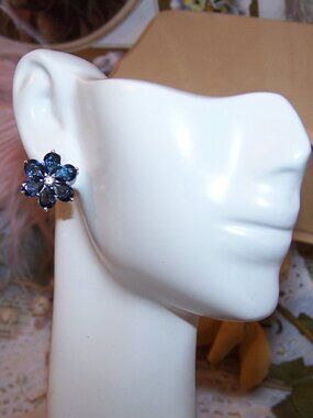 Sterling Silver Blue / Clear Cubic Zirconia CZ Crystal Floral Stud Earrings